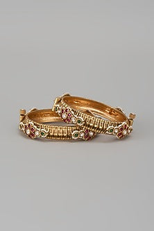 Gold Finish Kundan Polki & Multi-Colored Stone Temple Bangles (Set Of 2)