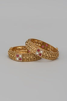 Gold Finish Kundan Polki & Red Stone Temple Bangles (Set Of 2)