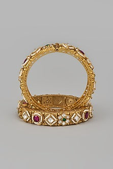 Gold Finish Kundan Polki & Multi-Colored Stone Temple Bangles (Set Of 2)