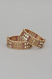 Gold Finish Kundan Polki & Red Stone Temple Bangles (Set Of 2)
