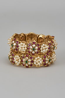 Gold Finish Kundan Polki & Multi-Colored Stone Temple Bangles (Set Of 2)