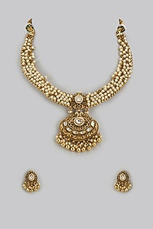 Gold Finish Kundan Polki & Pearl Temple Long Necklace Set