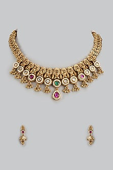 Gold Finish Kundan Polki & Multi-Colored Stone Temple Necklace Set