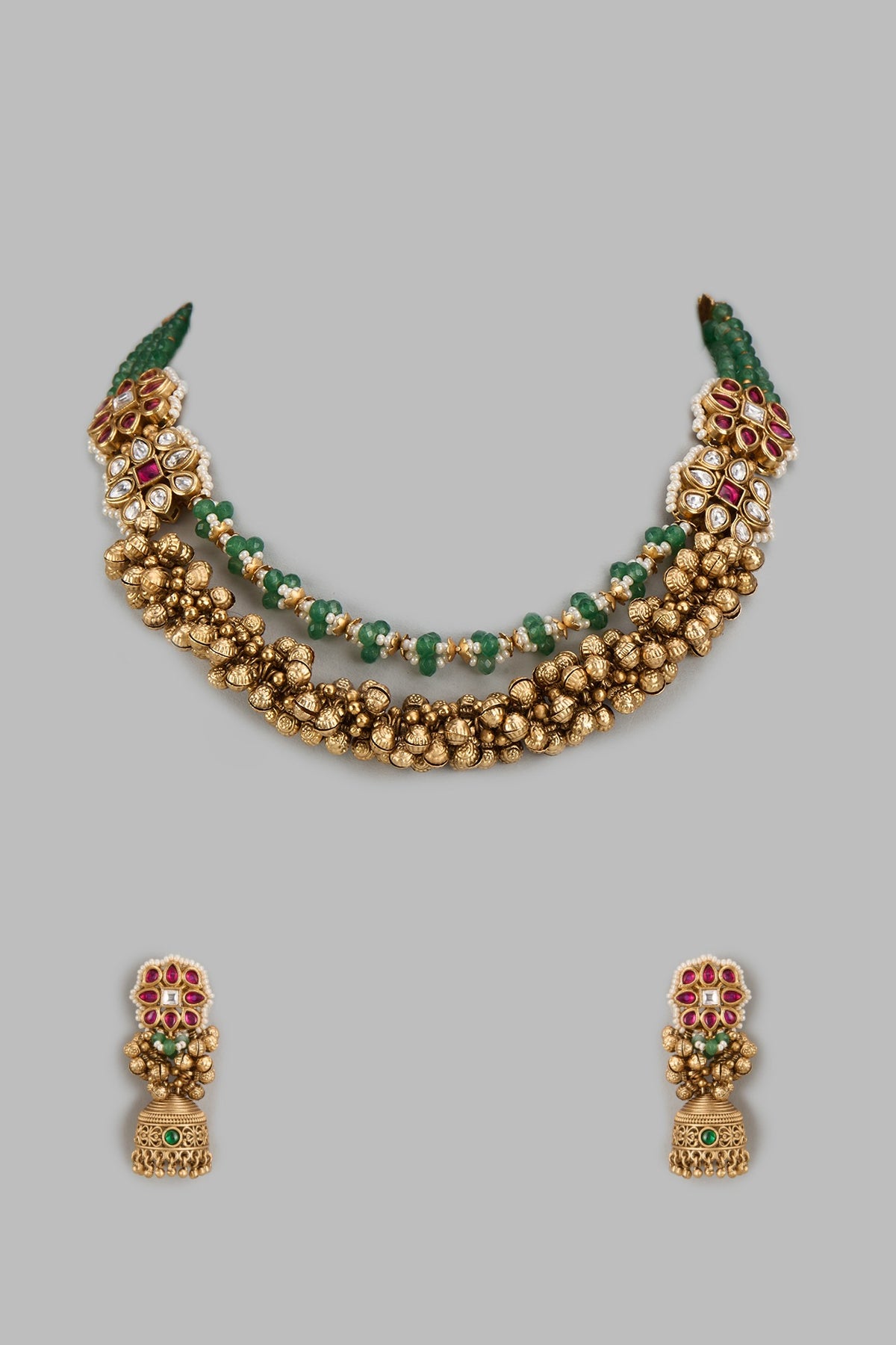 Gold Finish Kundan Polki & Multi-Colored Stone Temple Layered Necklace Set