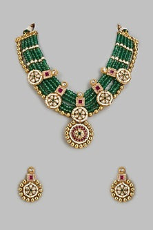 Gold Finish Kundan Polki & Green Stone Temple Long Necklace Set