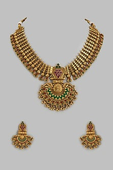 Gold Finish Kundan Polki & Green Stone Temple Long Necklace Set