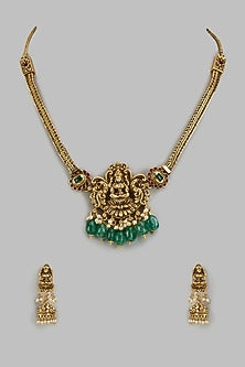 Gold Finish Kundan Polki & Green Stone Temple Long Necklace Set
