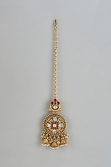 Gold Finish Kundan Polki & Red Stone Temple Maangtikka