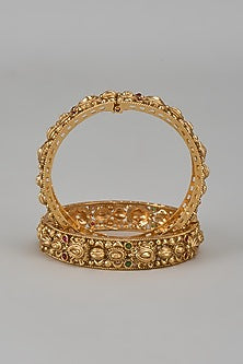 Gold Finish Emerald Stone Temple Bangles (Set of 2)