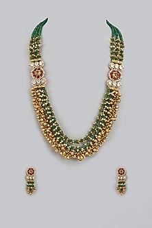 Gold Finish Kundan Polki & Multi-Colored Stone Temple Mala Set