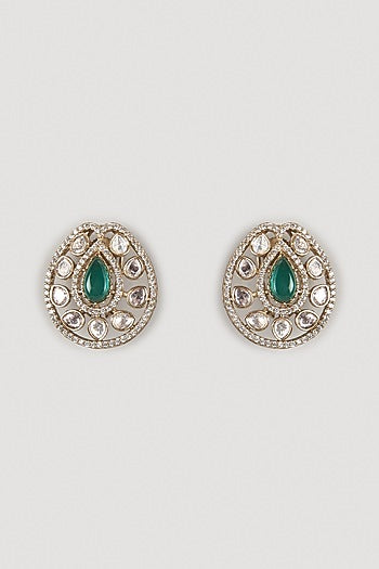 Gold Finish Kundan Polki & Green Stone Stud Earrings