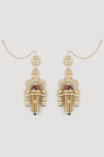 Gold Finish Red Stone Dangler Earrings