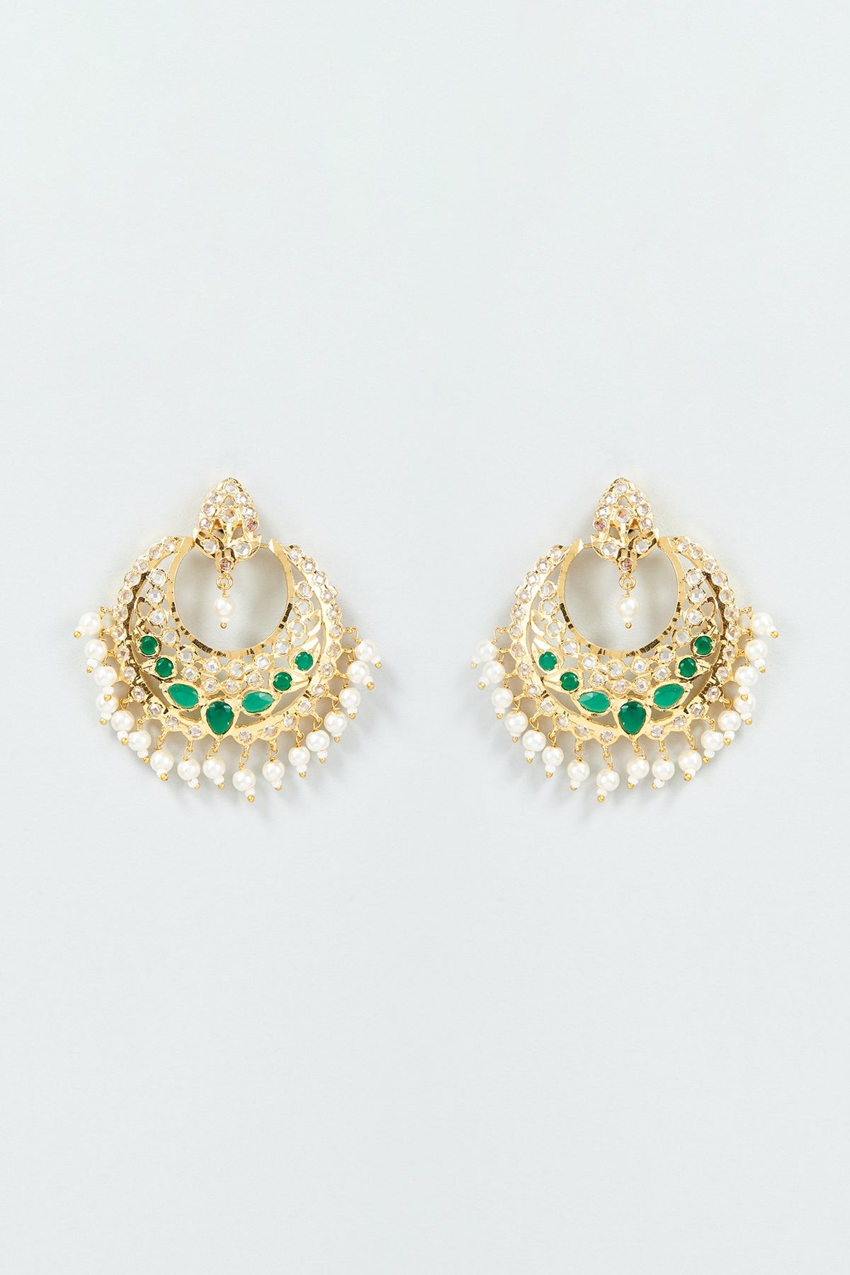 Gold Finish Kundan Polki & Green Stone Chandbali Earrings