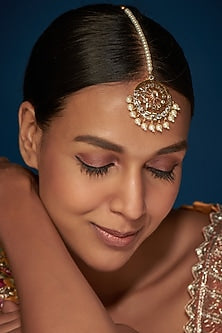 Gold Finish Kundan Polki & Pearl Maang Tikka