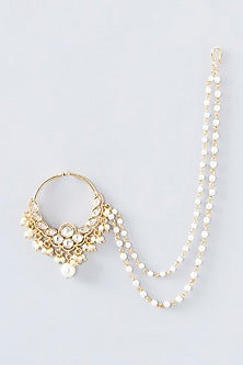 Gold Finish Kundan Polki & Pearl Nose Ring