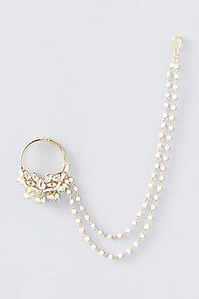 Gold Finish Kundan Polki & Pearl Nose Ring
