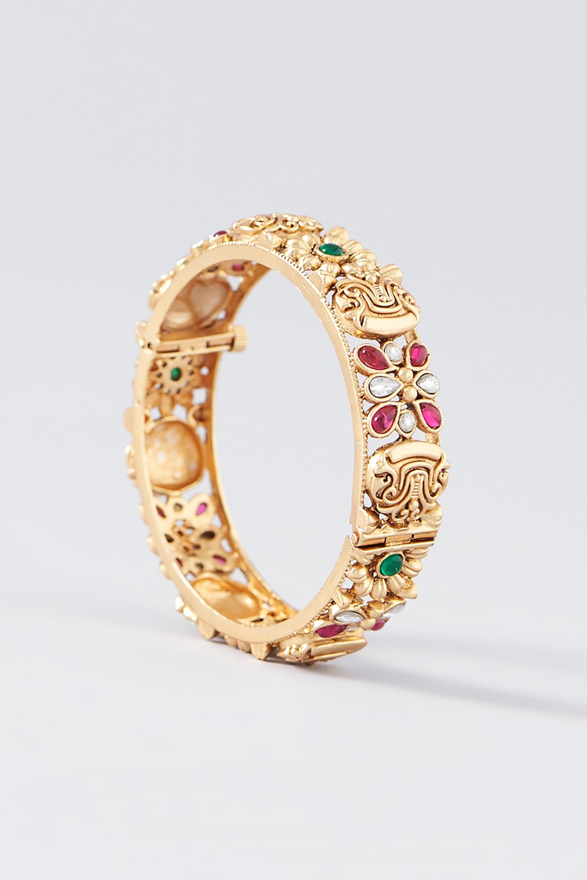 Gold Finish Kundan Polki & Multi-Colored Stone Temple Bangles (Set Of 2)