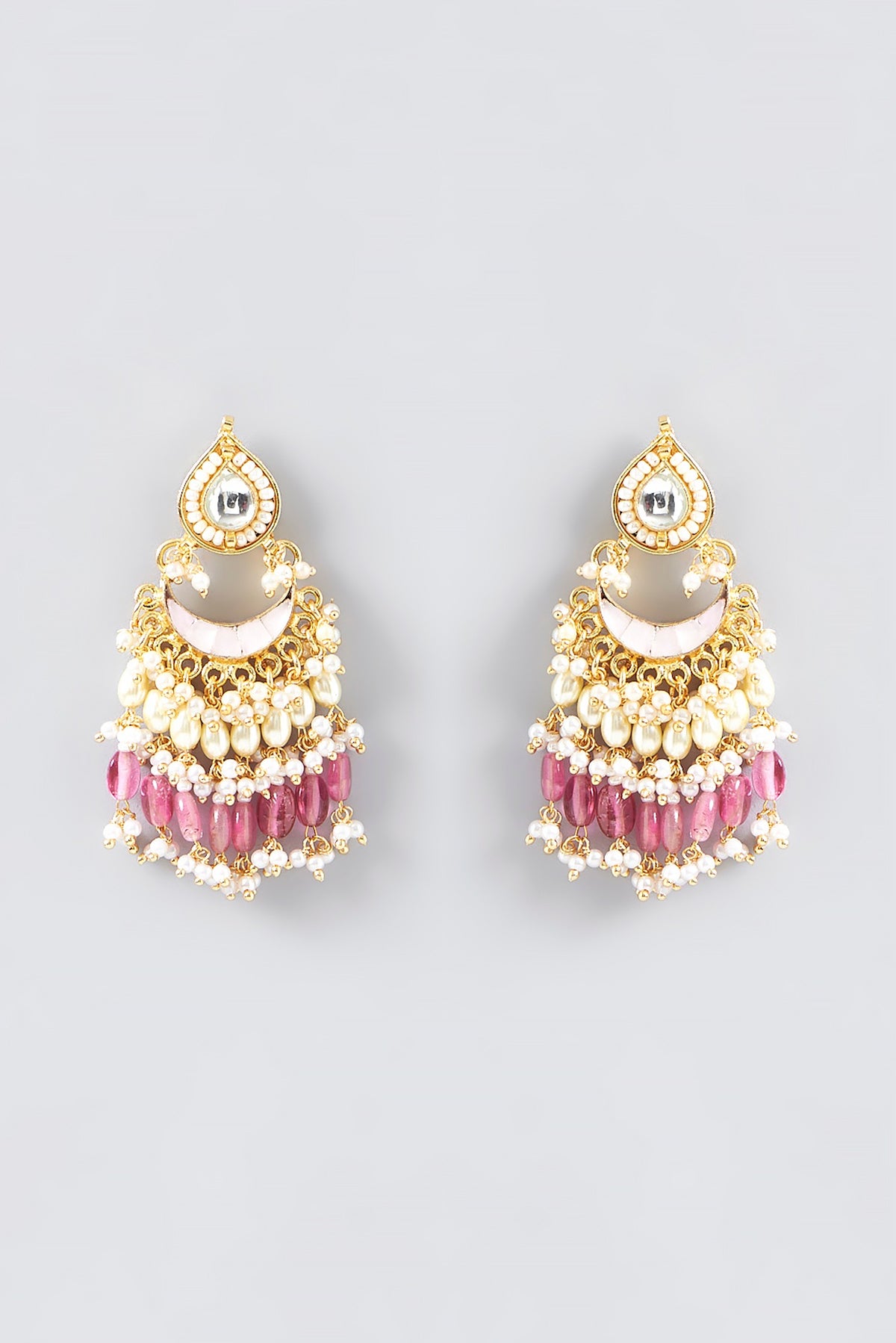 Gold Finish Kundan Polki & Red Stone Dangler Earrings