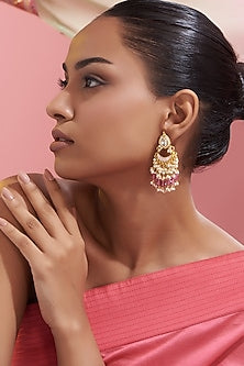 Gold Finish Kundan Polki & Red Stone Dangler Earrings