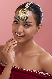 Gold Finish Kundan Polki & Green Stone Maangtikka