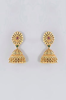 Gold Finish Kundan Polki & Emerald Long Temple Necklace Set