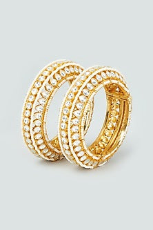 Gold Finish Kundan Polki & Pearl Bangles (Set of 2)