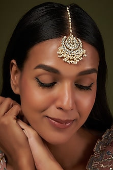 Gold Finish Kundan Polki & Pearl Maang Tikka