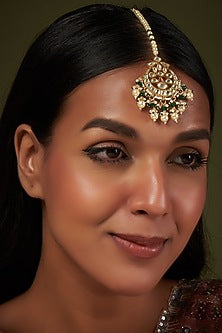 Gold Finish Kundan Polki & Pearl Maang Tikka