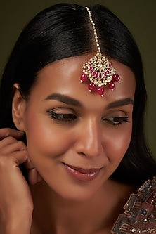 Gold Finish Kundan Polki & Ruby Maang Tikka