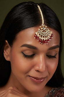Gold Finish Kundan Polki & Beaded Maang Tikka