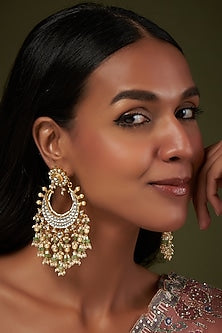 Gold Finish Kundan Polki & Pearl Chandbali Earrings