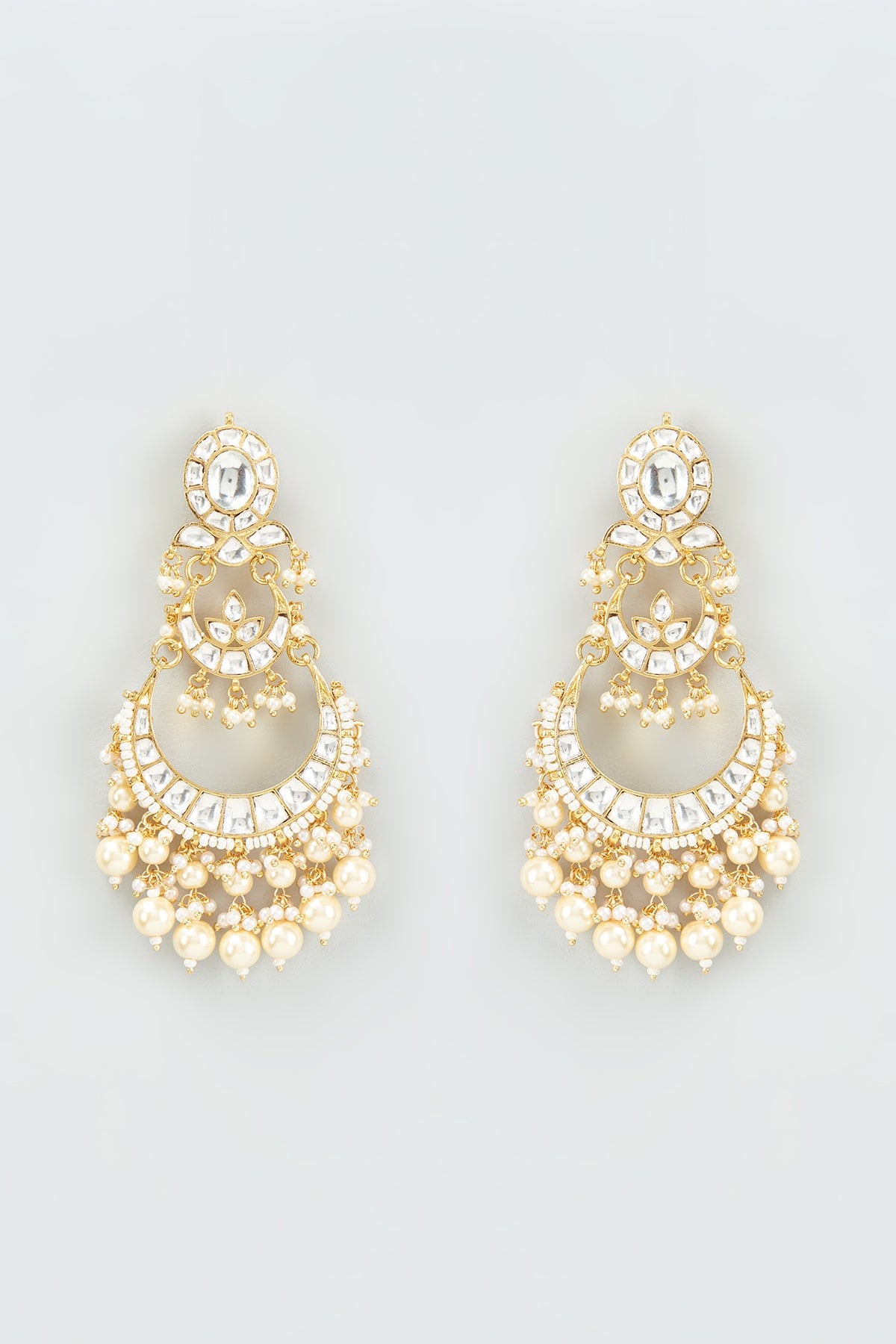 Gold Finish Kundan Polki & Pearl Chandbali Earrings