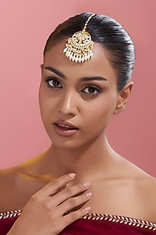 Gold Finish Kundan Polki & Pearl Maang Tikka