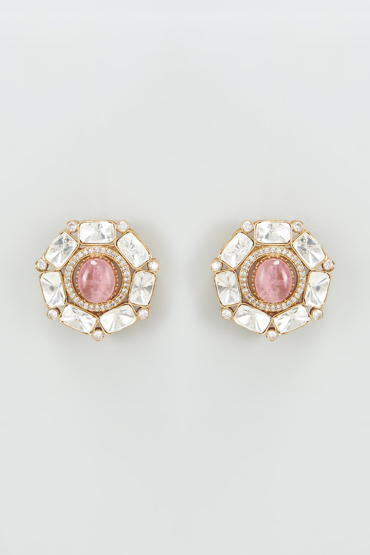 Gold Finish Kundan Polki & Pink Stone Earrings