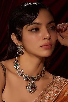 Black Rhodium Finish Kundan Polki Necklace Set