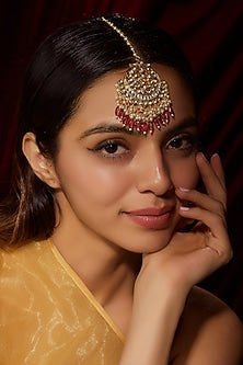 Gold Finish Kundan Polki & Red Beaded Maangtikka
