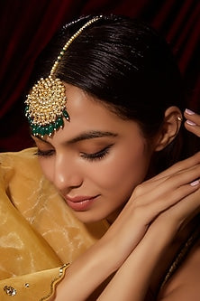 Gold Finish Kundan Polki & Green Beaded Maangtikka