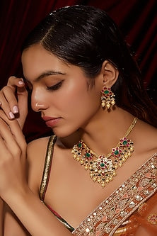 Gold Finish Kundan Polki & Multi-Colored Stone Necklace Set