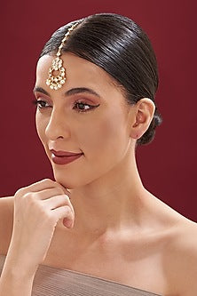 Gold Finish Kundan Polki & Pearl Maang Tikka