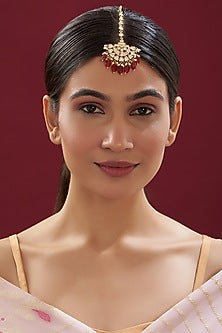 Gold Finish Kundan Polki & Red Beaded Maangtikka
