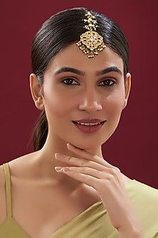 Gold Finish Kundan Polki & Pearl Maang Tikka