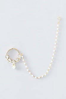 Gold Finish Kundan Polki & Pearl Nose Ring