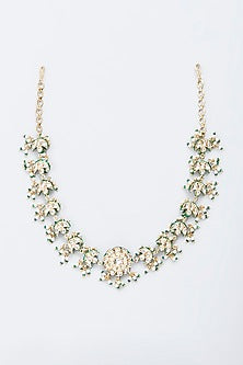 Gold Finish Kundan Polki & Green Beaded Mathapatti