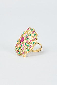 Gold Finish Kundan Polki & Multi-Colored Stone Ring