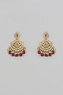 Gold Finish Red Stone & Kundan Polki Chandbaali Earrings