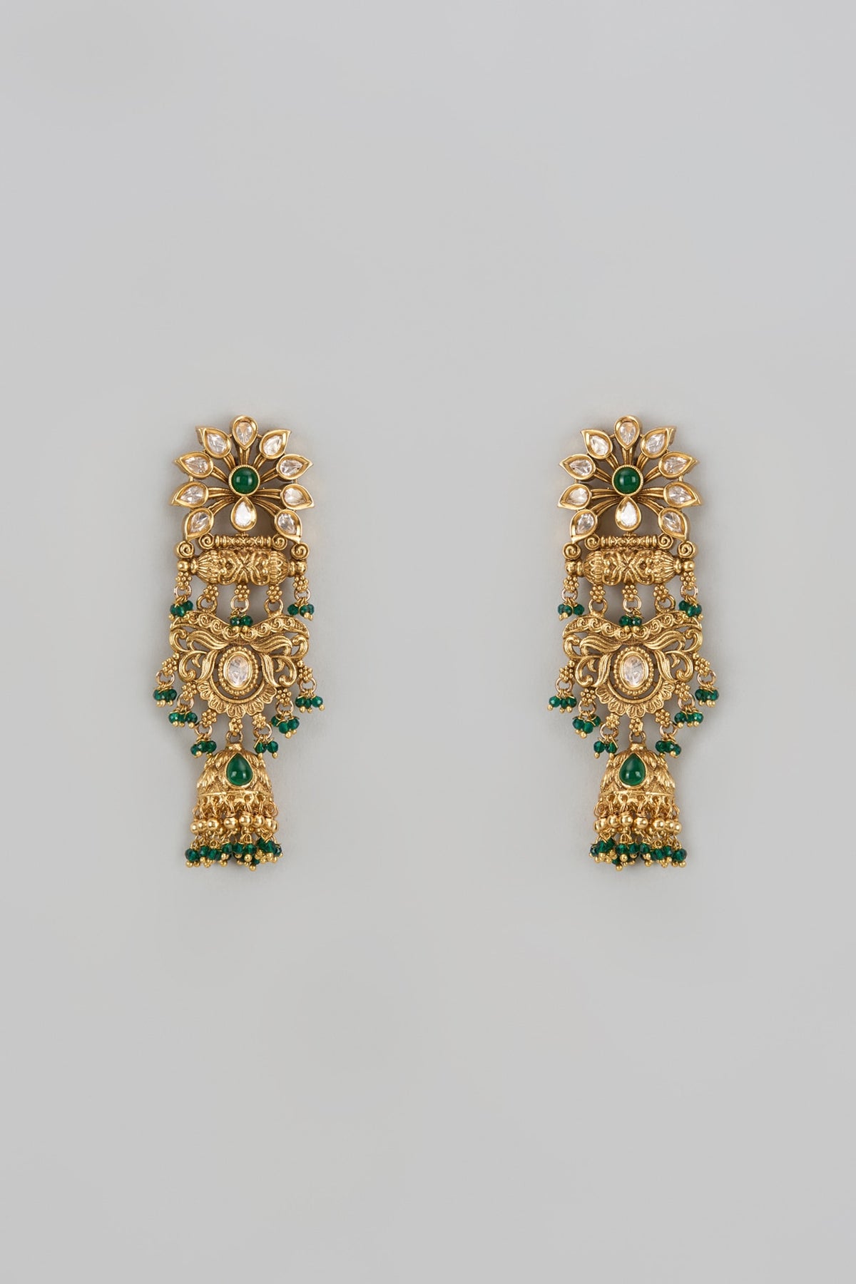 Gold Finish Green Stone & Kundan Polki Jhumka Earrings
