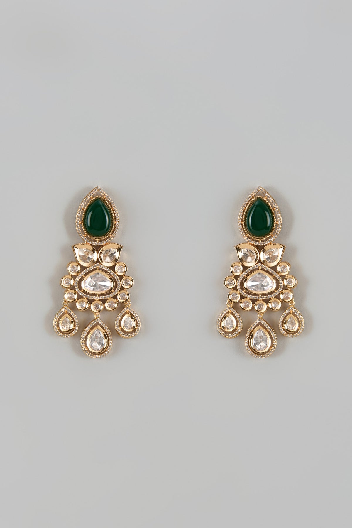 Gold Finish Kundan Polki & Emerald Stone Dangler Earrings