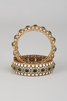 Gold Finish Kundan Polki & Emerald Stone Bangles (Set Of 2)