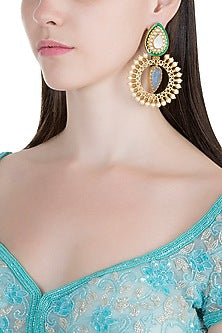Gold Finish Faux Pearl & Blue Stone Chandbali Earrings