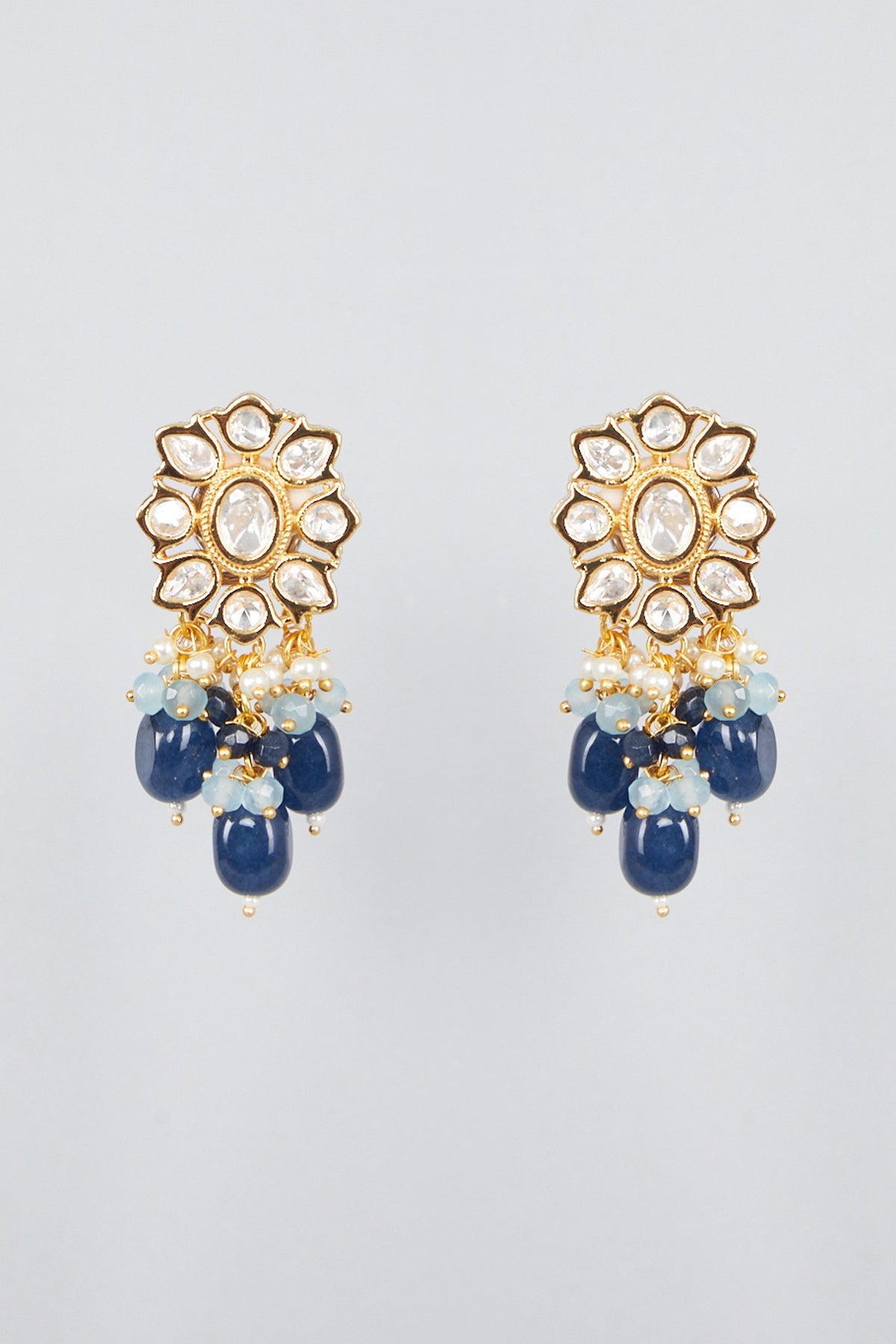 Gold Finish Kundan Polki & Blue Beaded Choker Necklace Set